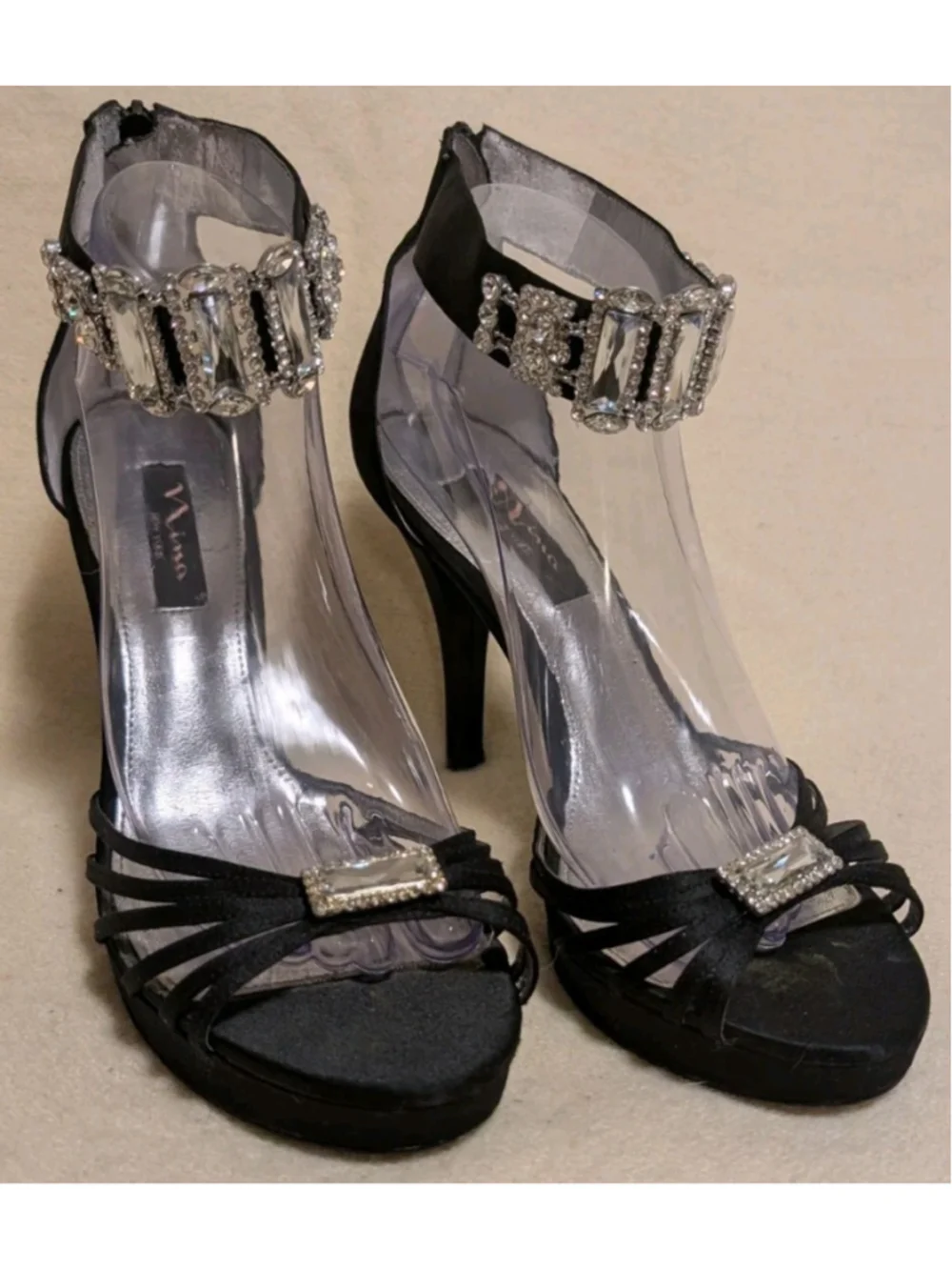 Nina New York Black Rhinestone Heels Size 9.5M Ankle Strap F95 Zipper Prom